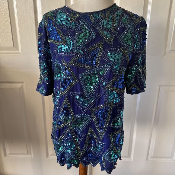 Jakelin Designs Beaded Sequin Top Large Silk Lined Geo Vintage 80s Glam Blue - Picture 1 of 14